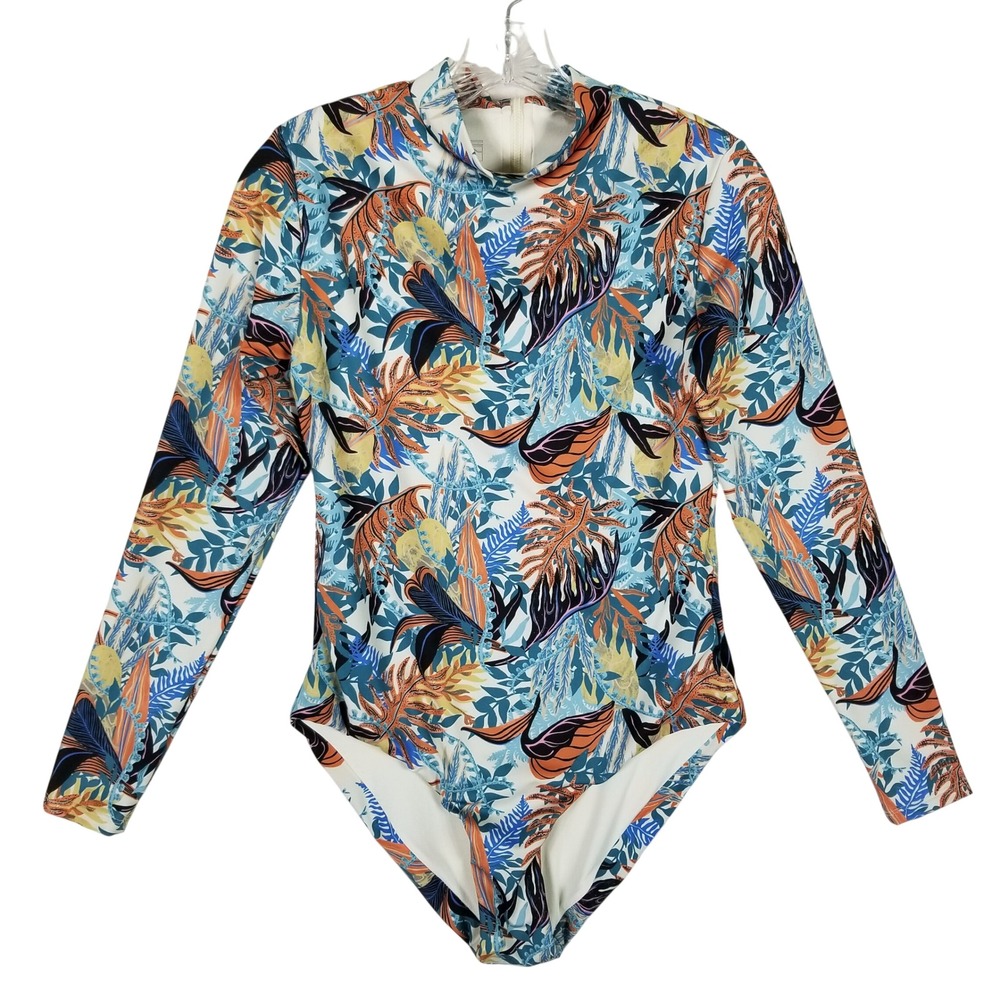 Patagonia Bodysuit Rash Guard Women Large Multicolor Tropical Long Sleeve Zip